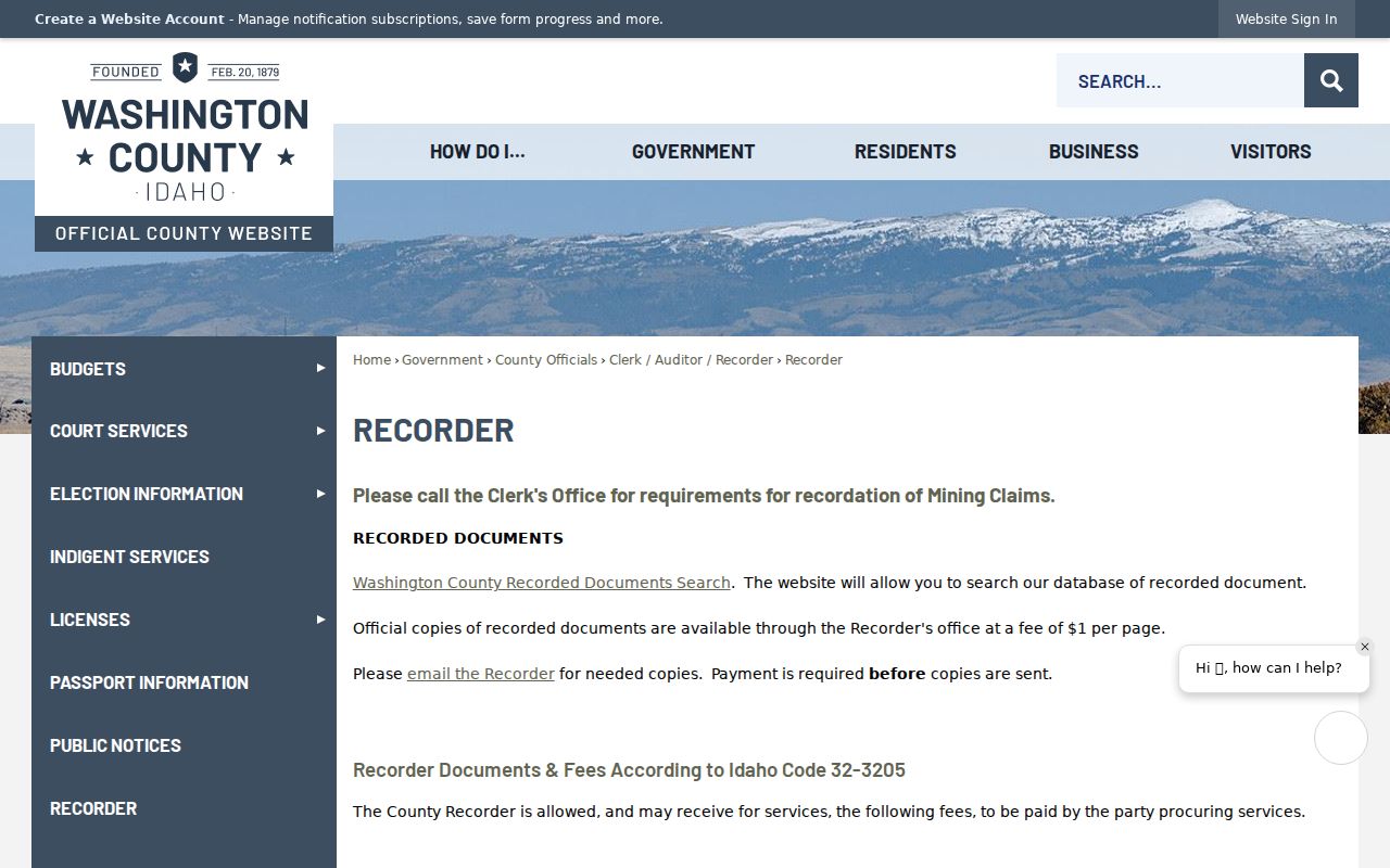 Washington County Idaho Clerk Auditor Recorder webpage