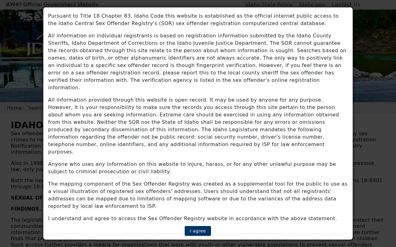 Idaho Central Sex Offender Registry search page