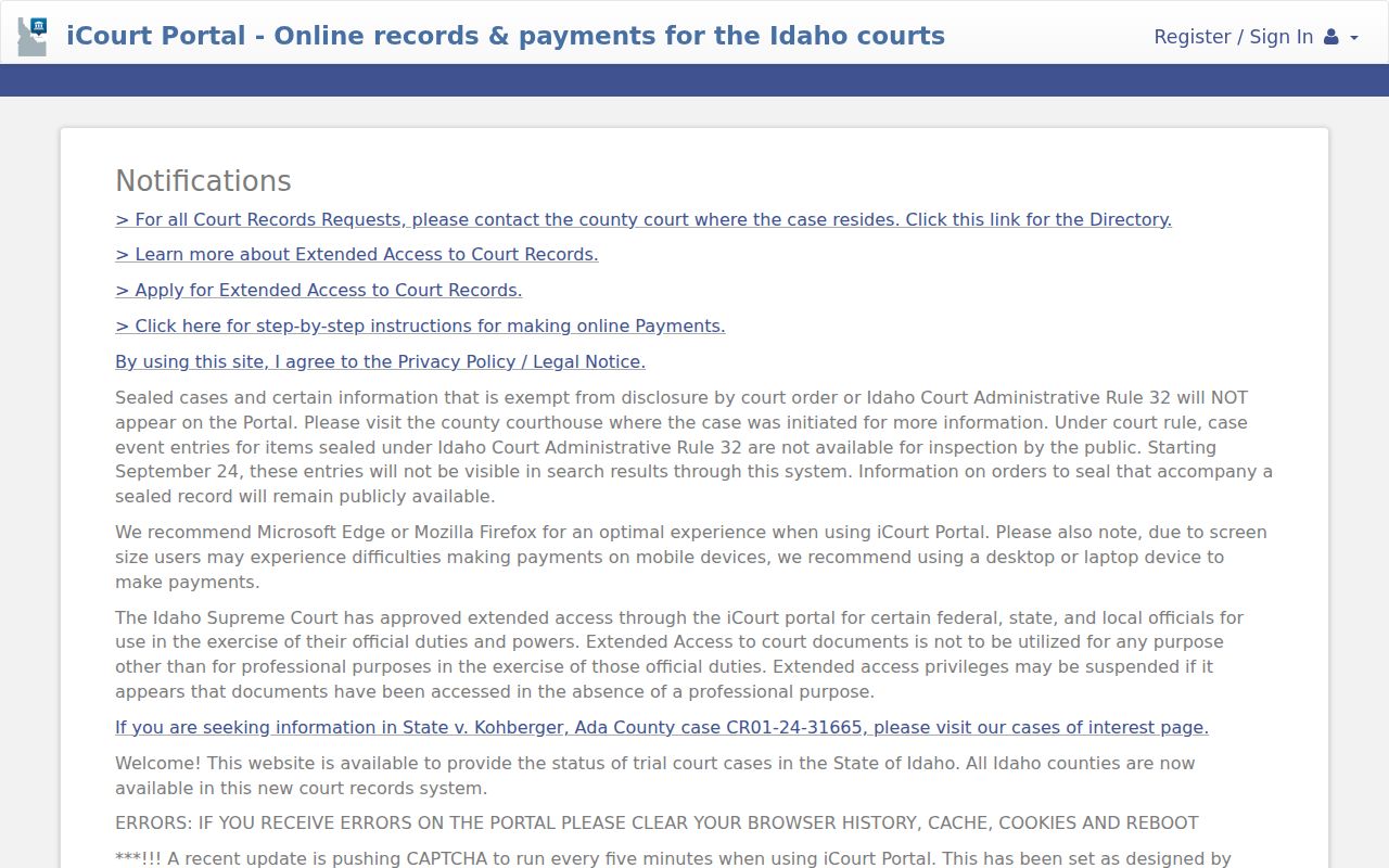 Idaho iCourt Portal public search screen