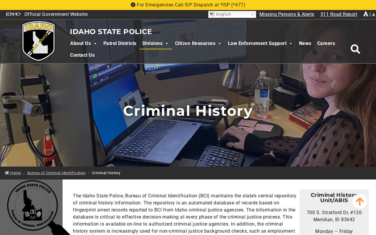 Idaho State Police BCI criminal history information page