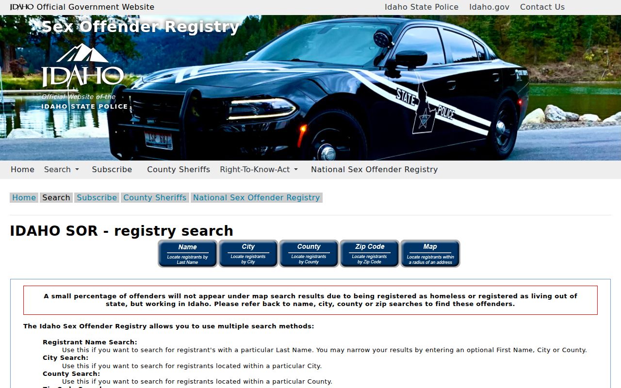 Idaho Central Sex Offender Registry search methods