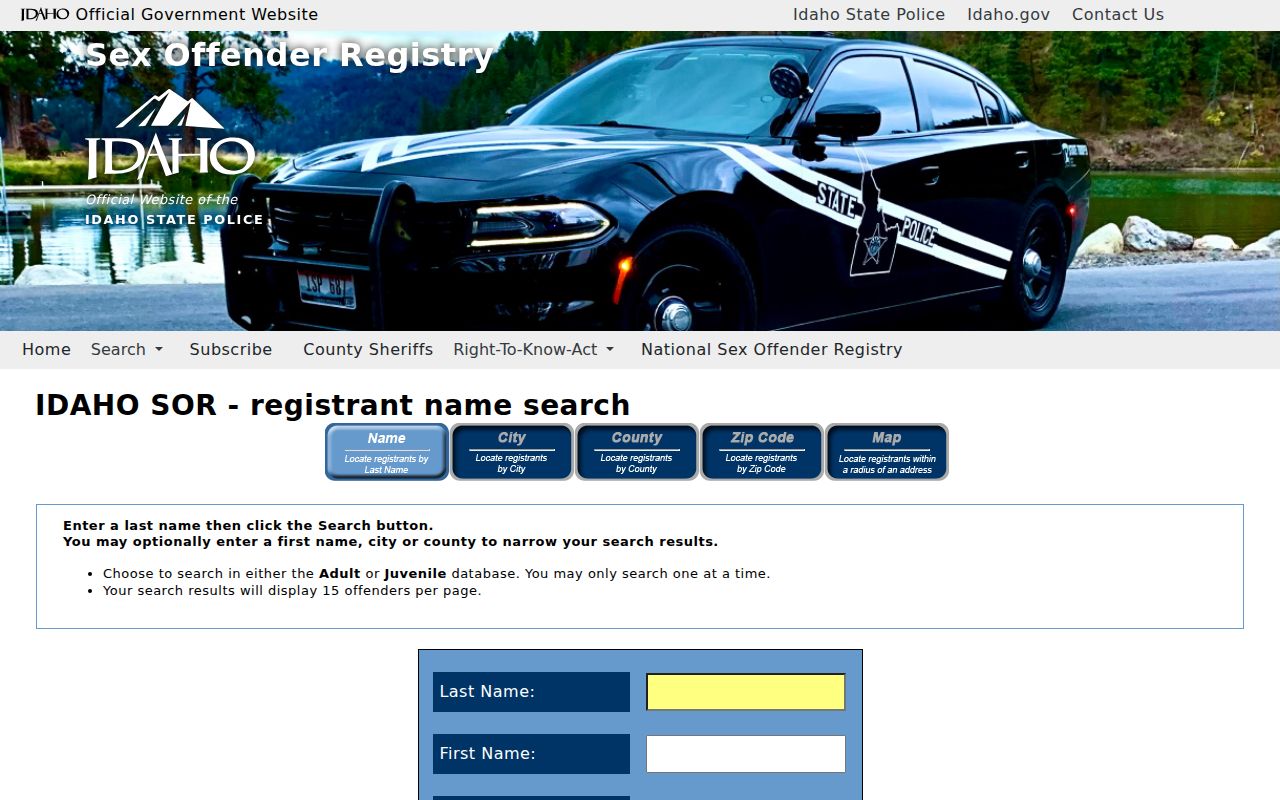 Idaho registrant name search interface