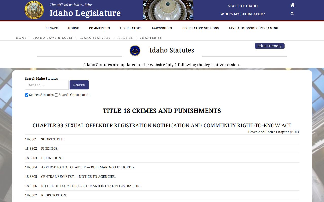 Idaho adult sex offender registration statutes